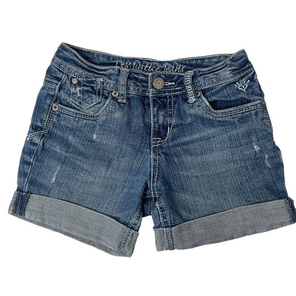 Justice Cutoff Jean Shorts Girls Size 8‎ R Denim Blue Distressed Cuffed - Picture 1 of 5